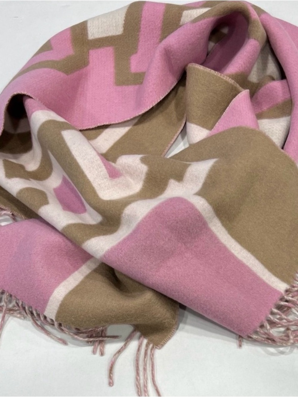 Coach Pink, Tan & Cream Reversible Fringe Scarf